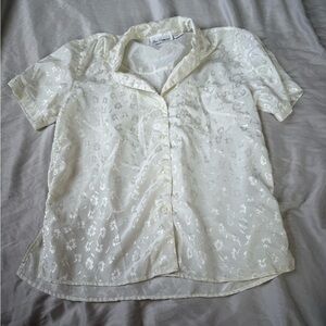 Vintage White Floral Silky Button Down Shirt Blue Diamon Size M